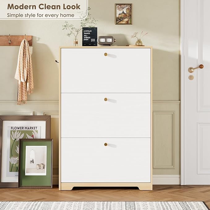 Nicetree Shoe Storage Cabinet for Entryway, Modern Shoe Cabinet, Freestanding Shoe Rack Cabinet, Hidden Shoe Dresser for Hallway,Foyer, Natural Oak and White