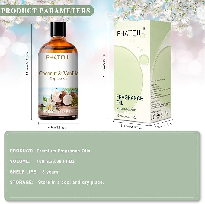PHATOIL 3.38FL.OZ Coconut & Vanilla Fragrance Oils for Aromatherapy, Long Lasting Scented Oils for Home, Perfect for Diffuser, Yoga, DIY Candle and Soap Making - 100ml
