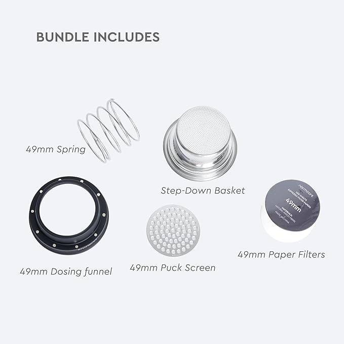 Normcore 58mm to 49mm Step-Down Portafilter Basket Kit, CNC-machined From a Solid Block of 304 Stainless Steel, 0.18mm Holes, Includes Dosing Funnel, 49mm Puck Screen, 200 Papers Filter