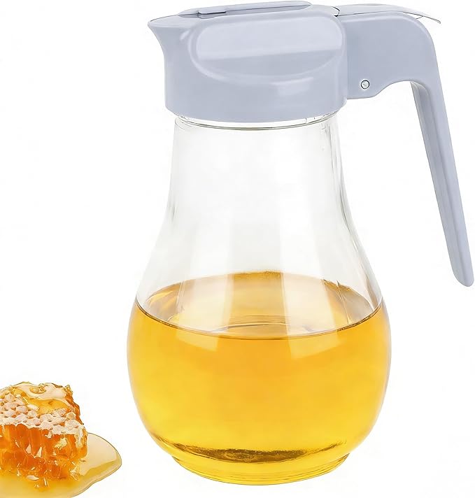 13.5oz Glass Syrup Dispenser with No-Drip Stainless Steel Spout - Honey Jar, Maple Syrup Pourer & Oil Cruet - Pastel Blue Kitchen Container for Pancakes & Waffles