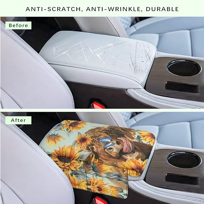 Dreaweet Sunflower Highland Cow Arm Rest Cover for Car Women Thick Center Console Cover with Pockets Soft Comfortable Car Armrest Cushion Universal Console Covers for SUV Trucks