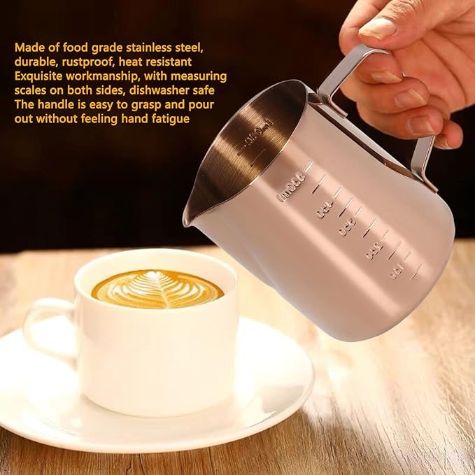 Frothing Cup, Coffee Milk Pitcher 550ML With Scale Rose Gold Stainless Steel Steaming Pitcher