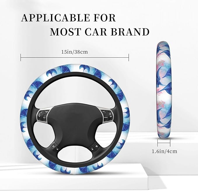 Elastic Stretch Car Steering Wheel Cover Universal 15 inch Anti-Slip Auto Steering Wheel Protector Sea Animals Stingrays Steering Wheel Covers Warm in Winter and Cool in Summer, Black