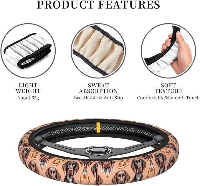 German Shorthaired Pointer Pizza Car Steering Wheel Cover, 15 Inch Steering Wheel Cover Stylish Decor for Most Cars