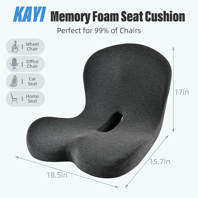 KAYI Memory Foam Seat Cushion with Lumbar Support Pillow One Piece, L-Shaped Ergonomic Design for Back Pain Relief, for Car, Truck and Office Chair (Dark Gray)