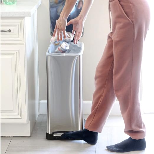 Home Zone Living 12 Gallon Kitchen Trash Can with Slim Fit Design | Stainless Steel with Soft-Close Step Pedal Lid, Bag Tuck Band for Easier Bag Changes, Rectangular Shape, Silver