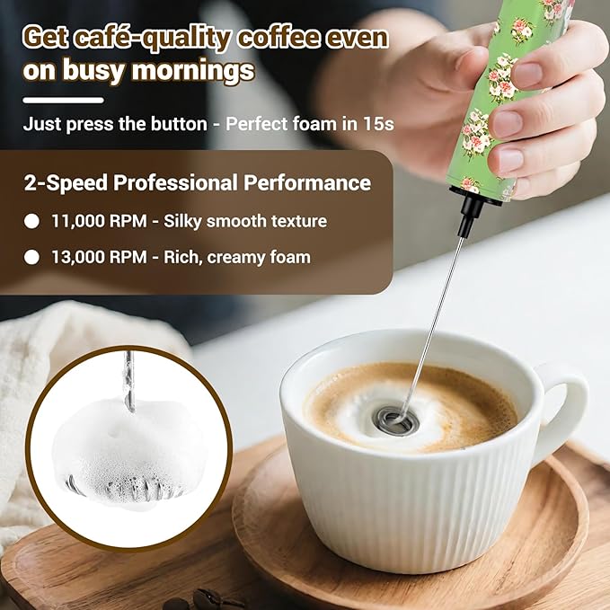 Milk Frother Handheld Rechargeable - 2-Speed Electric Whisk with 5 Detachable Heads (Frother/Mixer/Whisk) for Coffee, Latte, Cappuccino & Matcha, Drink Mixer (Flower 9)