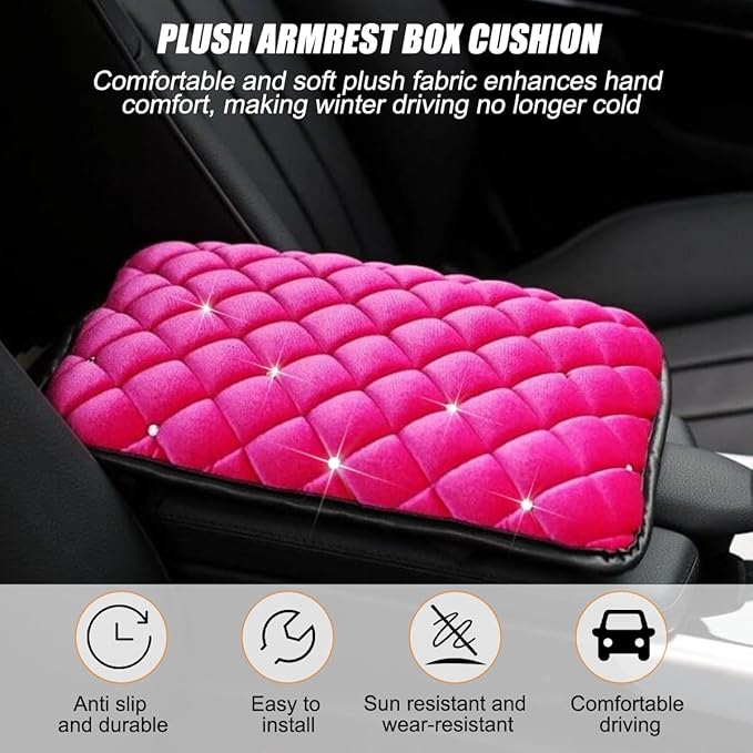 Car Center Console Cover, Crystal Rhinestone Fluffy Soft Vehicle Armrest Seat Box Cushion Pad, Automotive Interior Middle Console Protector, Universal for Automobile RV Truck (Rose Red)