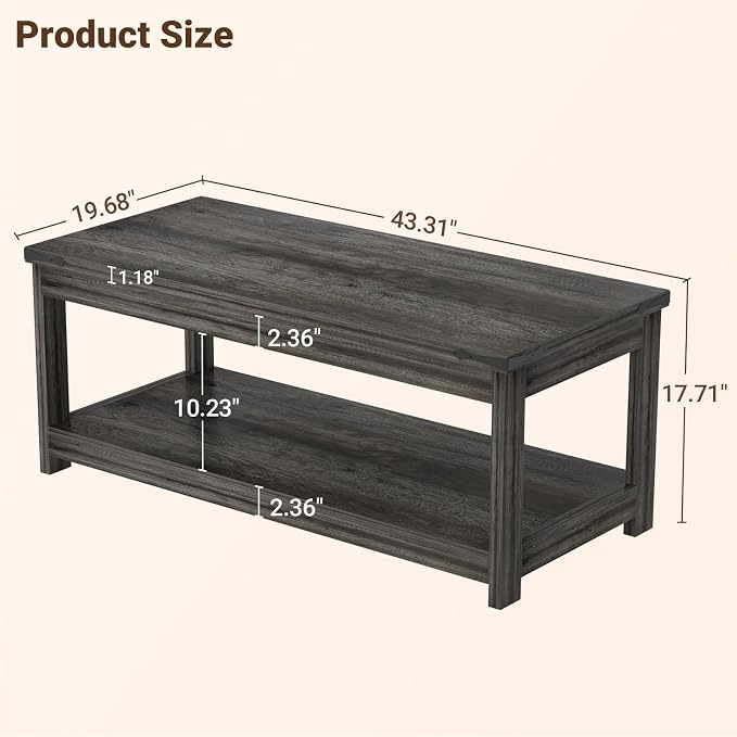 Homieasy 43.3” Rectangular Coffee Table with Storage Shelf, Farmhouse Wood Center Table for Living Room, Modern Black Tea Table with Open Shelf, Grey
