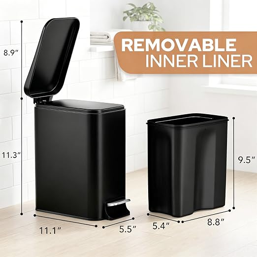 Small Bathroom Trash Can w/Lid Soft Close, 6 Liter/1.6 Gallon Stainless Steel Garbage Can w/Inner Bucket, Trash Bin Waste Basket for Kitchen, Bedroom, Living Room, Office, Toilet, Black