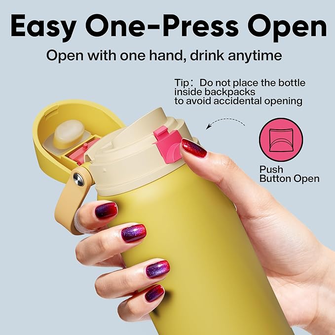 Insulated Water Bottle with Straw - Encool Stainless Steel Water Bottle with Push Button Lid, Leak-Proof & BPA-Free, Keeps Cold for 24 Hours for Sports, Travel, Gym (32 oz, Ginger)
