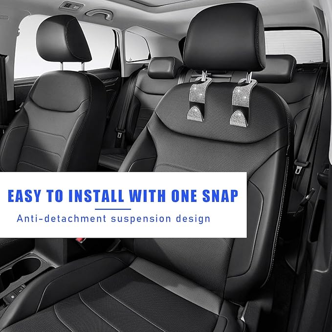 2 PCS Bling Car Seat Headrest Hooks, Crystal Rhinestone Back Seat Hanging Storage Organizer, Vehicle Seat Hanger Holder for Purse Handbag Coat, Interior Car Accessories (White)
