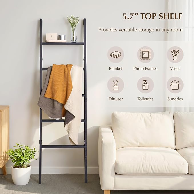 Blanket Ladder with Top Shelf, 5-Tier Wood 64” Decorative Ladder for Living Room Throws, Bedroom Quilt, Bathroom Towel & Toiletry Storage, Home Decor Stand (Black)