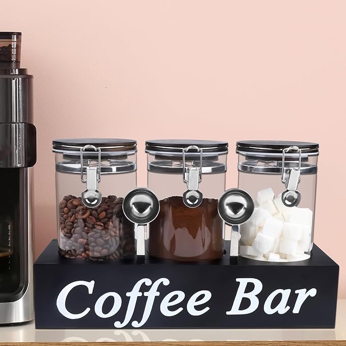 WYTAOHZL 3PCS Glass Coffee Containers with Shelf 54 oz Coffee Station Organizer Glass Bean Storage with Spoon Canister Set Jars with Airtight Locking Clamp for Bean Sugar Nuts