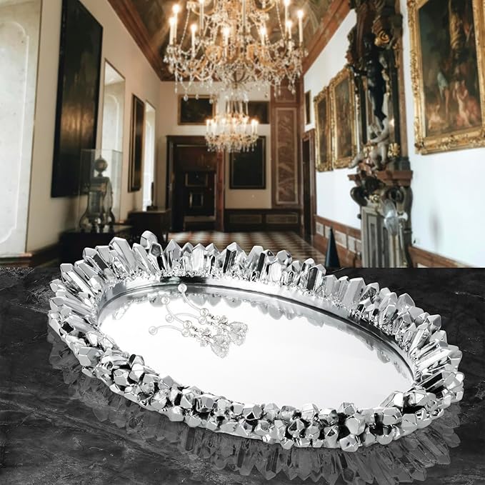 GUOER Vintage Antique Decorative Bathroom Vanity Decor Slivery Mirror Tray for Dessert Table Coffee Table Vanity Home Serving Tray with Handle (Slivery)