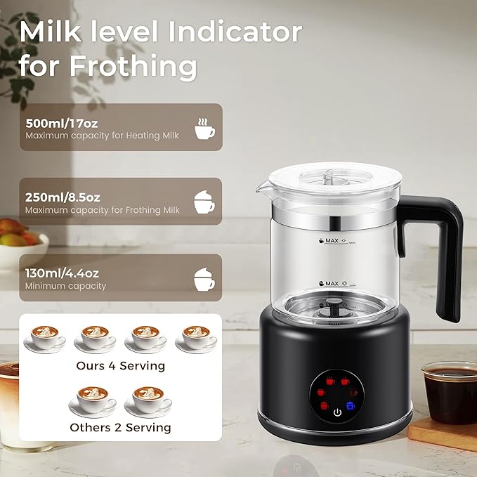 Electric Milk Frother, 6 in 1 Milk Steamer,17oz Automatic Warm and Cold Foam Maker for Coffee,Latte, Cappuccino, Macchiato, Hot Chocolate (Black)