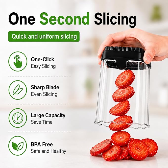 CUNSENR Strawberry Slicer, Fruit Slicer Cup with Stainless Steel Blades, Detachable Strawberry Cutter & Fruit Cutter for Strawberries, Banana, Egg, Cucumber, Mushroom, Quick Meal Prep - Black