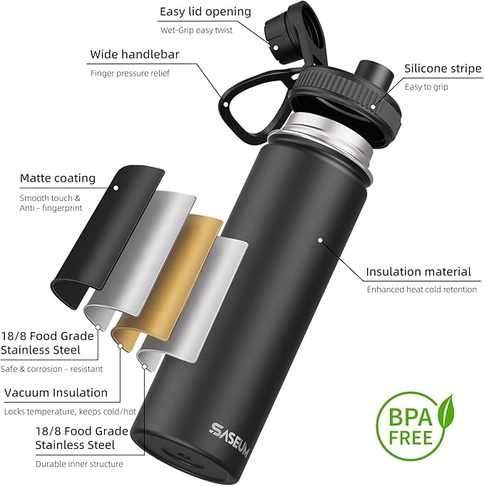 SASEUM Sport Water Bottle 22oz Stainless Steel Double Wall Vacuum Thermal Mug with Leak Proof Spout Lids, Wide Mouth Metal Insulated Water Jug for Gym and Travel（Black）