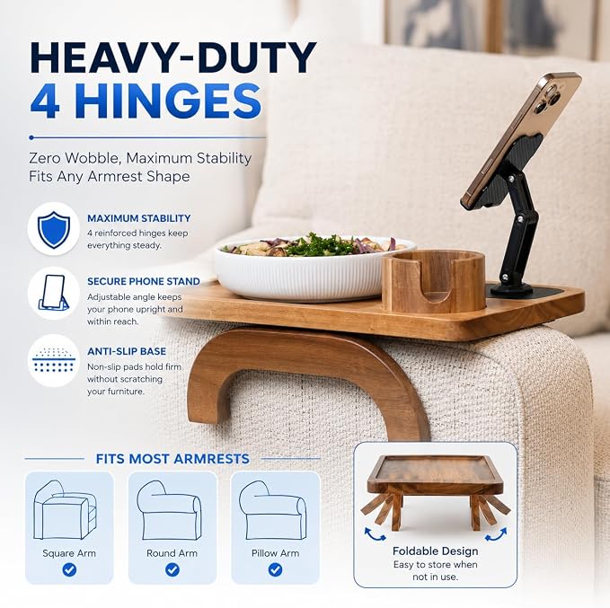 Couch Armrest Table with Cup Holder (15.31" x 9.65") - Acacia Sofa Arm Tray Organizer with Magnetic & 360° Rotating Phone Holder - Fits Couch Arm for Drinks, Snacks & Remote Control
