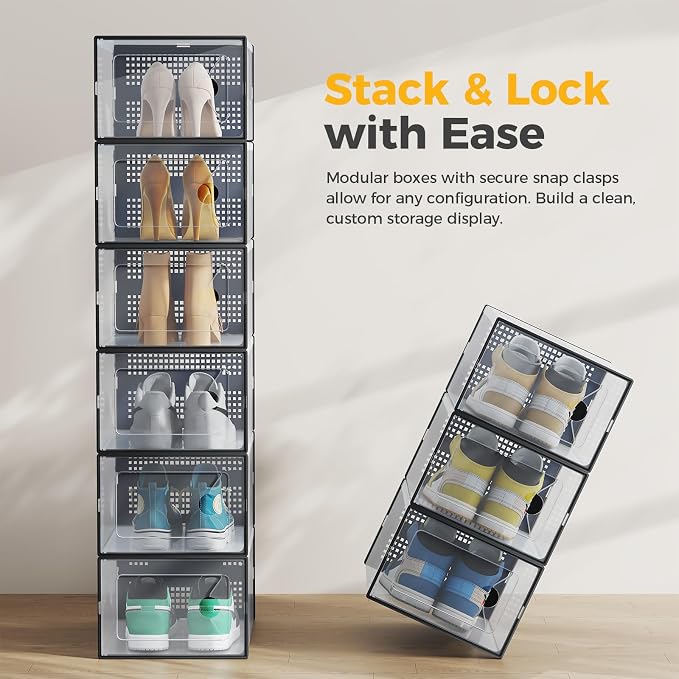 Sweetcrispy Shoe Storage Boxes, Clear Plastic Stackable Shoe Rack Organizer with Lids for Closet, Foldable Sneaker Container, Under Bed and Entryway, 15 Pack, Black