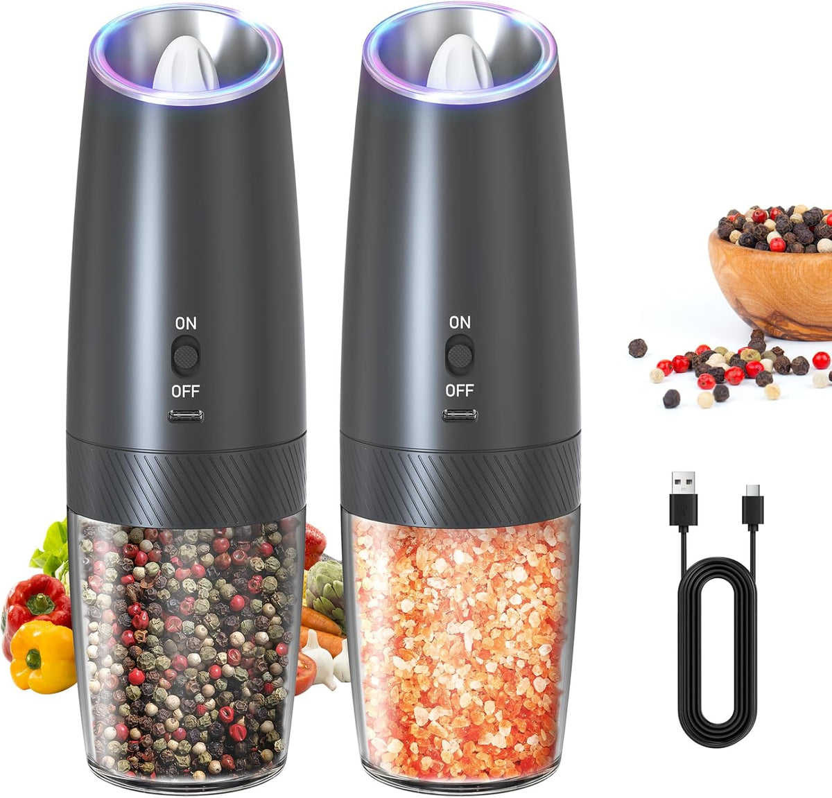 CIRCLE JOY Gravity Electric Salt and Pepper Grinder Set – Automatic LED Light Salt & Pepper Mills