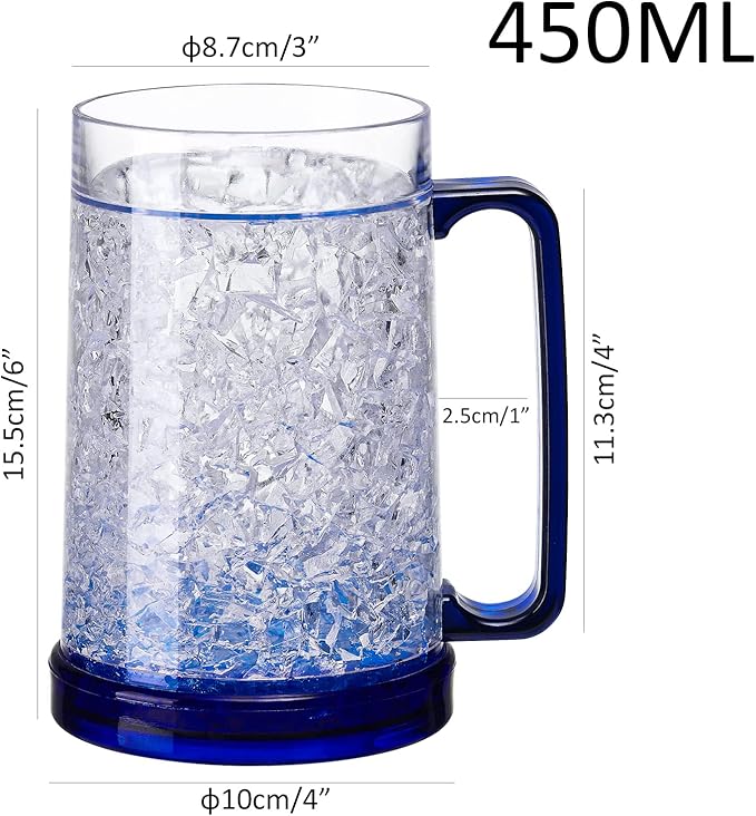 Double Wall Gel Frosty Freezer Ice Mugs Clear 16oz Set of 4 (Blue, Red, Orange and Green)
