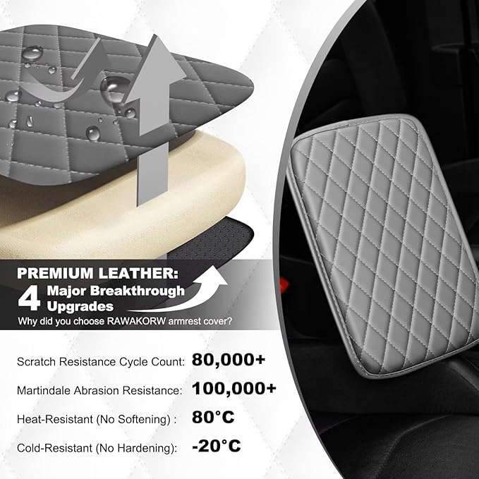 Upgraded Car Center Console Cover Fit for bZ4X Faux Leather Car Armrest Cover Cushion with 2 Storage Bags,Car Armrest Storage Box Interior Accessories(Grey&Whiteline)