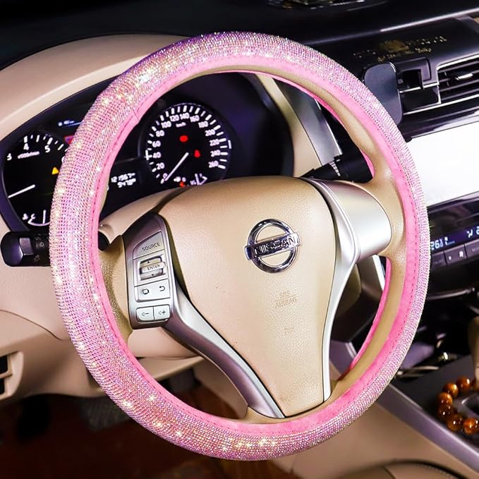 Car Steering Wheel Cover Pink for Women Girls Cute Bling Accessories 15 Inch Universal Colorful Crystal Rhinestone Diamond Rainbow Anti-Slip Wheel Protector