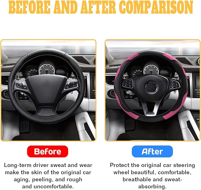Car Steering Wheel Cover, 15 inch Carbon Fiber Microfiber PU Leather Elastic Steering Wheel Protector for Unisex, Anti-Slip Breathable Car Interior Accessories for Most Cars (Pink)