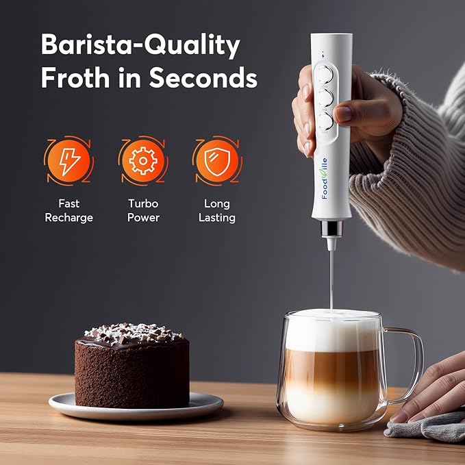 MF02 Rechargeable Milk Frother Handheld Foam Maker with Stainless Whisk for Cappuccino, Latte, Bulletproof Coffee, Keto Diet, Protein Powder, Matcha (Pure White)