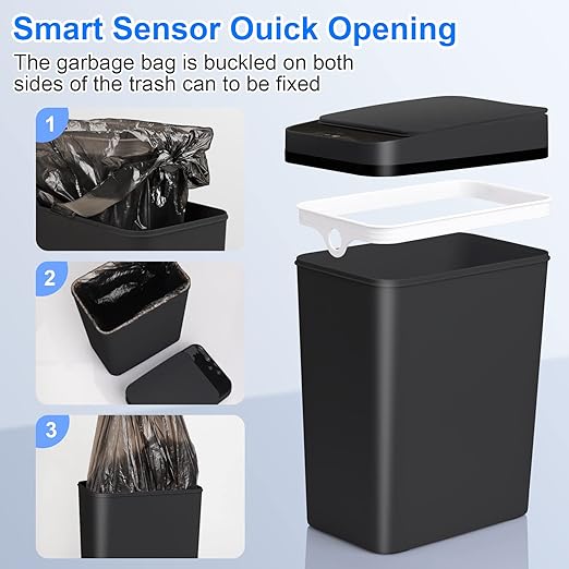 Anborry Bathroom Automatic Trash Can 4 Gallon Touchless Motion Sensor Small Garbage Can with Lid Smart Electric Plastic Narrow Garbage Bin for Living Room Bedroom Office Kitchen (Black)