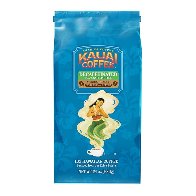 Kauai Coffee Whole Bean Coffee – Smooth, Non-Bitter Medium Roast Pure Arabica – Floral Notes and Bright Aroma – Grown on Hawaii's Largest Coffee Farm – Decaf, 1 Pack of 24oz