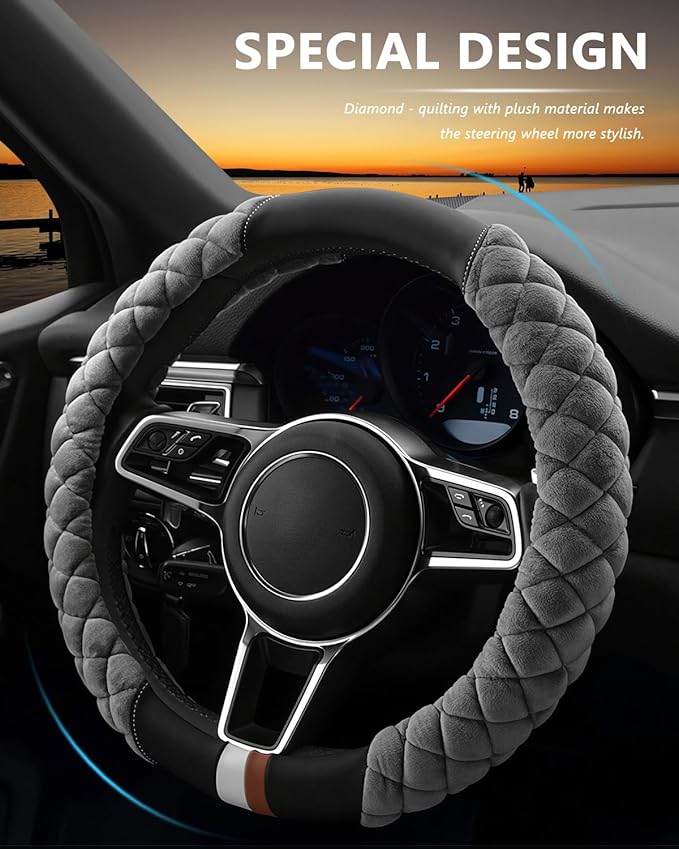 Cxtiy Fluffy Steering Wheel Cover Women Men Plush Steering Wheel Warmer for Winter Soft Fuzzy Luxury Car Accessories (A-Gray)