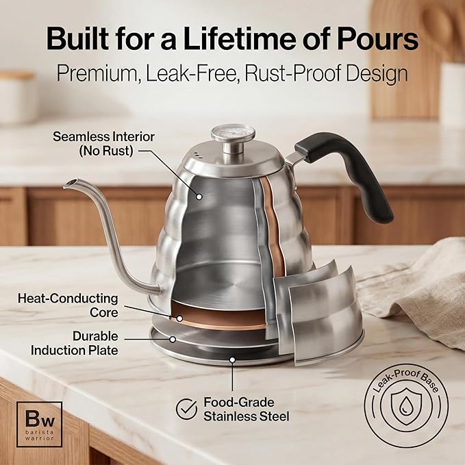 Barista Warrior Gooseneck Kettle for Pour Over Coffee and Tea with Thermometer for Exact Temperature, Precision Pour Drip Spout, Stainless Steel, Compatible with all Stove Tops (1.2 Liter, 40 fl oz)
