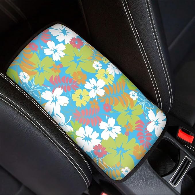 Hibiscus Flower Car Center Console Armrest Pad for Women Girls Breathable Soft Car Center Console Cover Seat Box Cover for Sedan, Van, SUV, Truck, Floral Cars Accessories