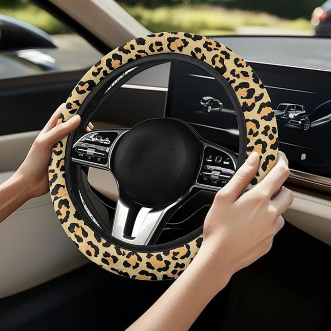 Universal Non-Slip Steering Wheel Cover, 15-inch Polyester Material Driving Accessories, Adjustable for Car and Truck(Retro Yellow Leopard Print)