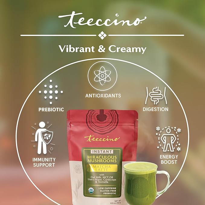 Miraculous Mushrooms Instant Matcha Latte by Teeccino – 12 servings - Organic Matcha Latte with MCT Oil and Adaptogenic Mushrooms - Lion’s Mane, Cordyceps & Tremella – Antioxidants, Low Caffeine, Prebiotic - 8.9 ounces