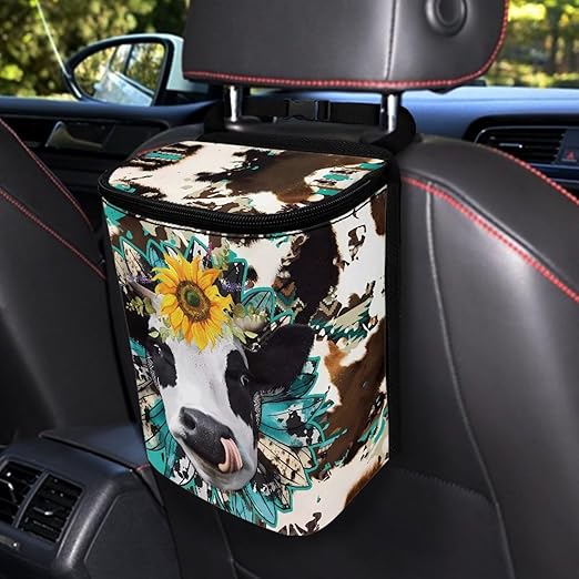 Cow Print Car Trash Can Bin with Lid,Leak Proof Portable Small Garbage Bag Waste Rubbish Storage Bin for Back Seat Road Trip Travel，Aztec Cow Car Accessory for Women