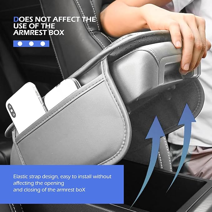Car Center Console Cover, Strong Support Waterproof Armrest Box Booster Cushion, Leather Slow Rebound Armrest Box Cover with Side Storage Pocket, Universal Elbow Protection Pad (Gray)