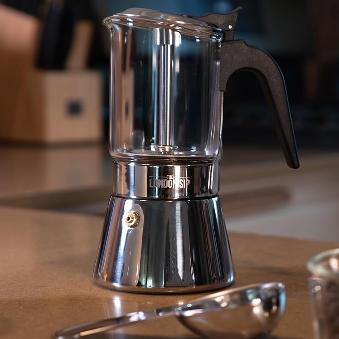 The London Sip Glass and Stainless Steel Stovetop Espresso Maker Moka Pot Italian Coffee Percolator, Glass, Medium (10.14 oz)