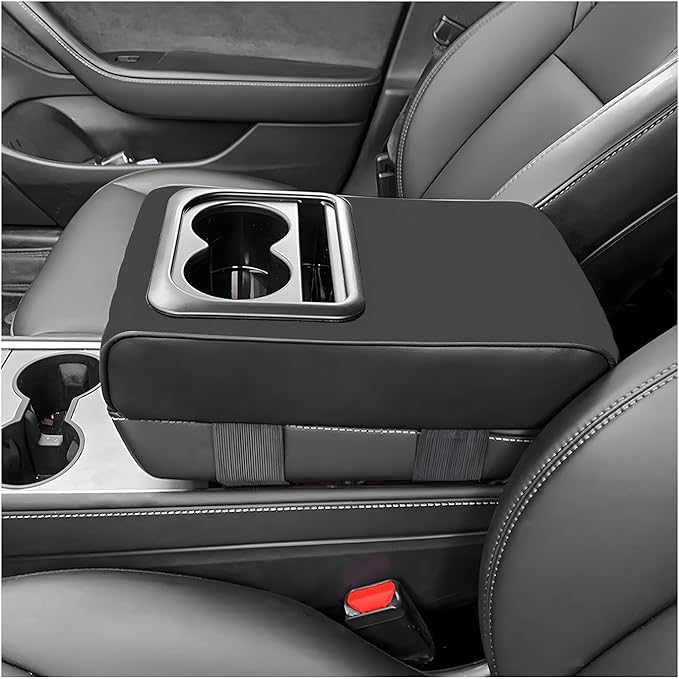 Car Center Console Armrest Pillow, Waterproof Leather Armrest Cushion with Cup Holder & Phone Holder, Memory Foam Arm Rest Box Cover Protector with Storage Bag for Most Cars (Glossy Black)