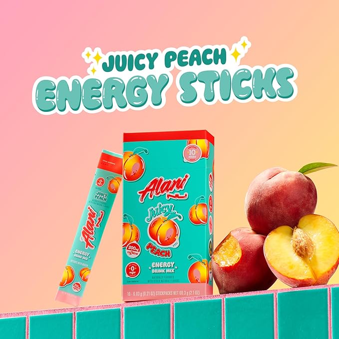 Alani Nu JUICY PEACH Energy Sticks | Energy Drink Powder | 200mg Caffeine | Pre Workout Performance with Antioxidants | On-The-Go Drink Mix | Biotin, B Vitamins | Zero Sugar | 10 Calories | 10 Pack