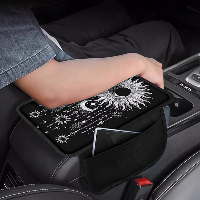 Dreaweet Center Console Cover Cute Sun and Moon Car Accessories for Women,Soft Car Armrest Cushion with Pockets Comfortable Car Arm Rest Cover Pad Washable Console Covers for Truck SUV