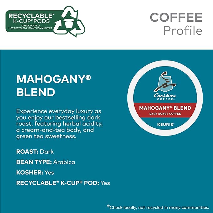 Caribou Coffee Mahogany Keurig Single-Serve K-Cup Pods, Dark Roast Coffee, 96 Count (Pack of 4)