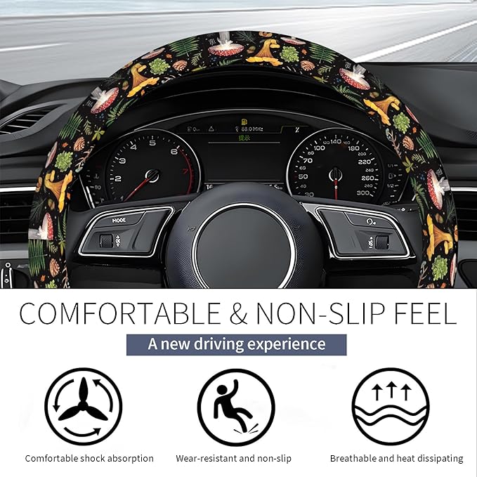 Steering Wheel Covers for Car, Truck, and SUV, Cute Non-Slip Breathable Elastic Steering Wheel, Car Accessories, Universal 15 Inch Leather Cover for Men Women Vantage Mushroom