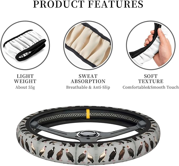 Vultures of The World Vulture Universal Fit Steering Wheel Cover for Car, Truck, and SUV, Durable Steering Wheel Protection