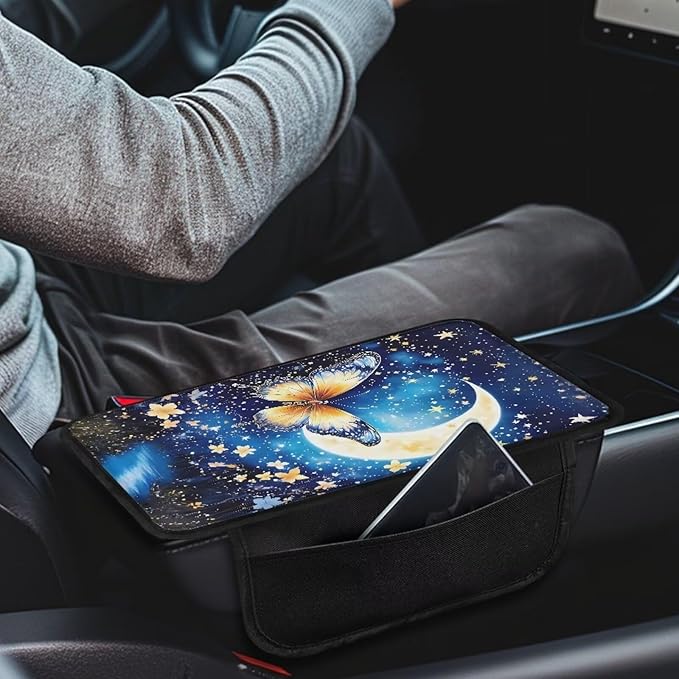 BIGCARJOB Moon Butterfly Center Console Cover for Cars Truck Interior Seat Accessories,Blue Butterfly Print Car Armrest Seat Box Cover Cushion with Side Storage,Universal Fit