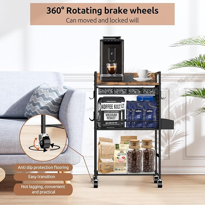 Compact Coffee Bar Cabinet with Power Outlet, Lockable Wheels, and Storage Drawer - Rustic Brown & Black for Office, Living Room, or Small Spaces