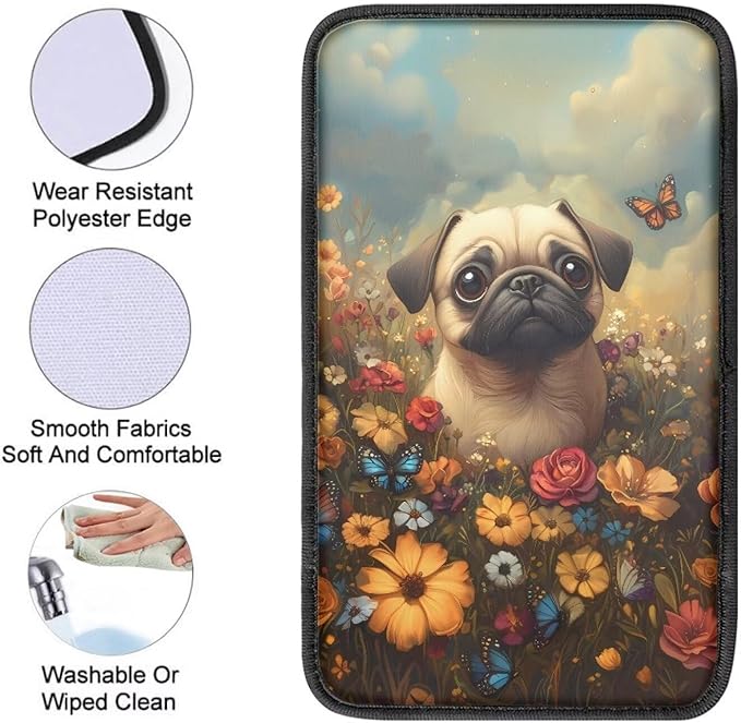 Suobstales Pug Dog Print Car Armrest Pad Soft Center Console Arm Rest Protector Cover Butterfly Daisy Flower Design Universal Car Interior Accessories Decoration