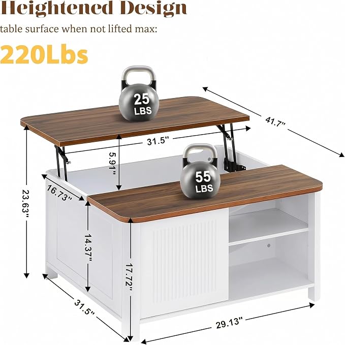 Decofy Lift Top Coffee Table with Storage Mid Century Modern Square Coffee Tables for Living Room, Large Hidden Storage Compartment, Adjustable Shelves & Sliding Door